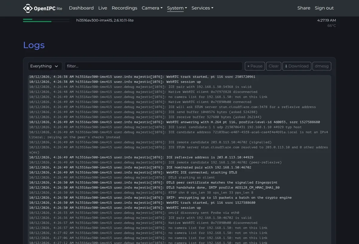 System - Logs page of the OpenIPC web interface